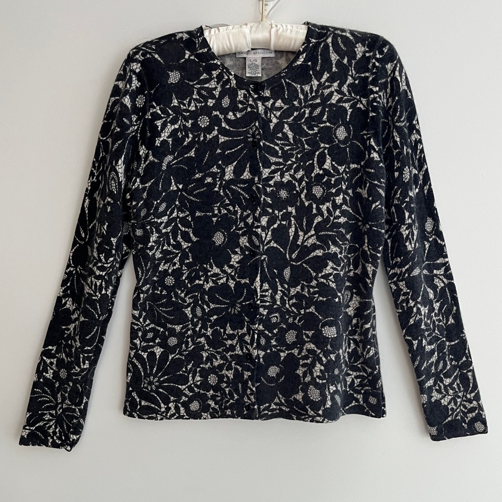 SARAH SPENCER Button Front Crew Neck Cardigan Lace Floral Pattern Wool Angora